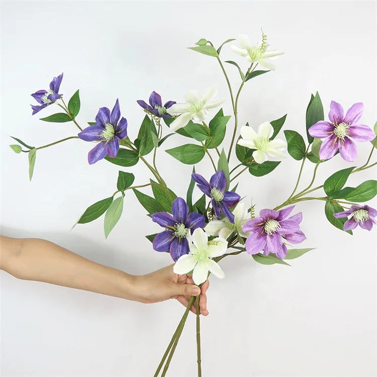 O221 Wholesale Artificial Plants Faux Flower Bouquet Clematis White Pink Artificial Silk Clematis Flowers for Floral Arrangement