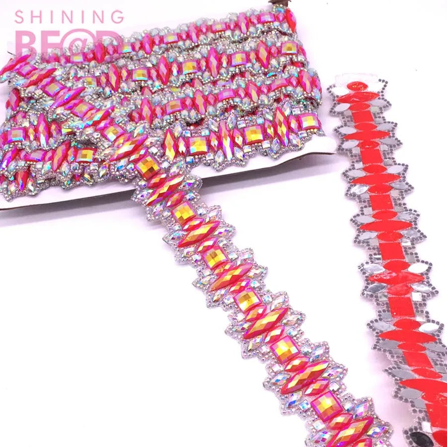 Hot Fix Carnival Accessories Crystal Pink/Green AB Rhinestone Applique Trim Iron on Rhinestone Banding Trim for Costume