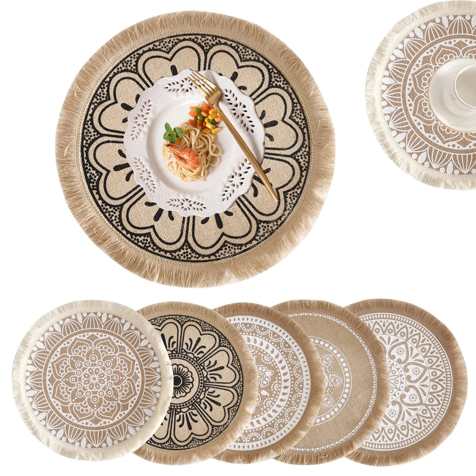 Boho Farmhouse Table Use Decor Placemats Woven Fringed Table Placemat Sustainable Round Linen Table Mat