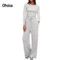 Ohsisa 2025 Women's Sportswear Set Solid Color Loose Long Sleeve Top with High Waist Wide Leg Pants Made of Knitting Fabric