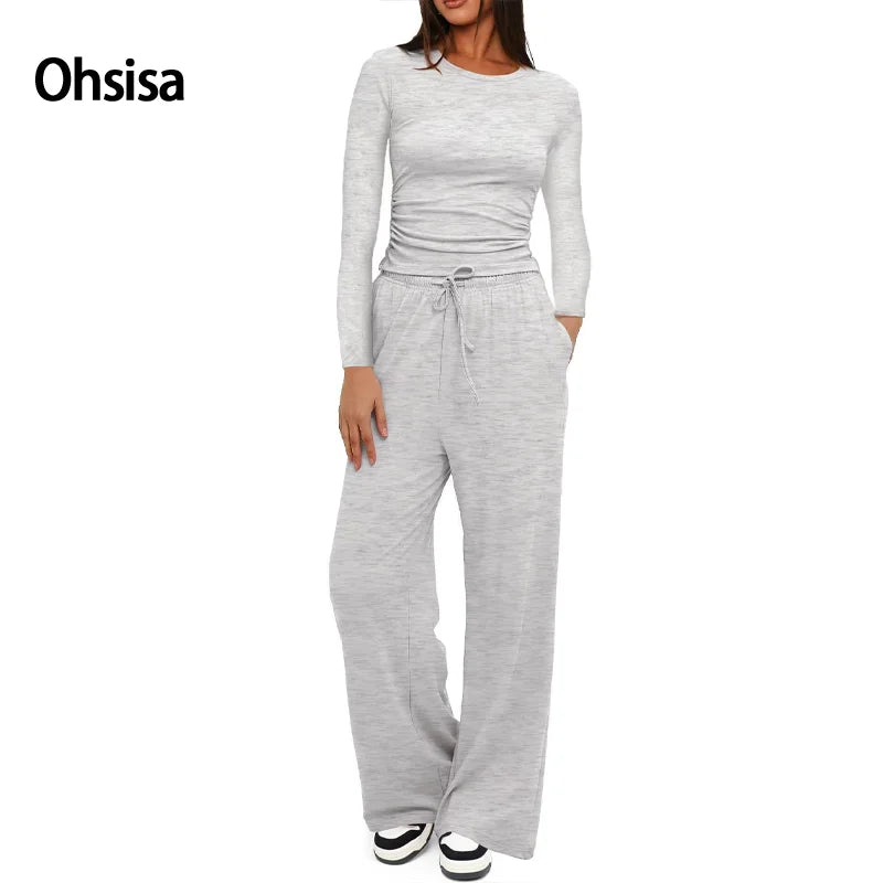 Ohsisa 2025 Women's Sportswear Set Solid Color Loose Long Sleeve Top with High Waist Wide Leg Pants Made of Knitting Fabric