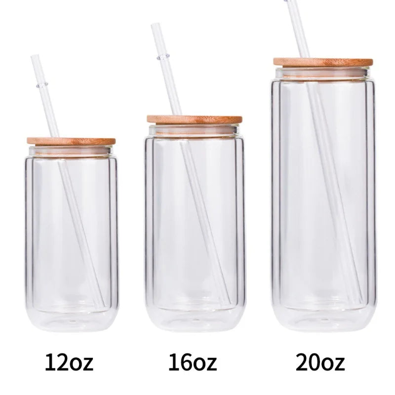 RubySub 12/16/20oz Double Wall Sublimation Eco-Friendly Beer Can Glass Lid Straw Snow Globe Design Direct Drinking Presents