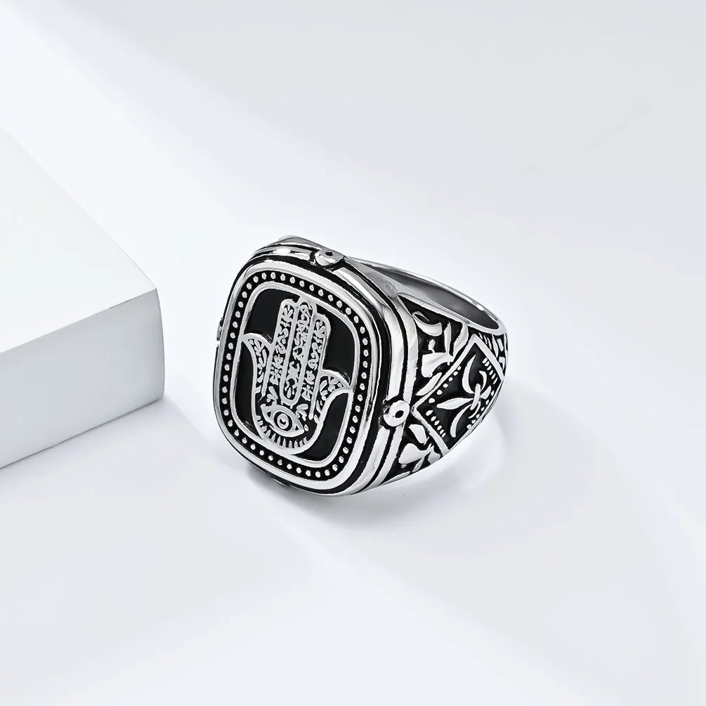 Trendy Gold Plated Rings Chunky Eternity Hamsa Signet Stainless Steel Rings Vintage Setting Without Stones Men