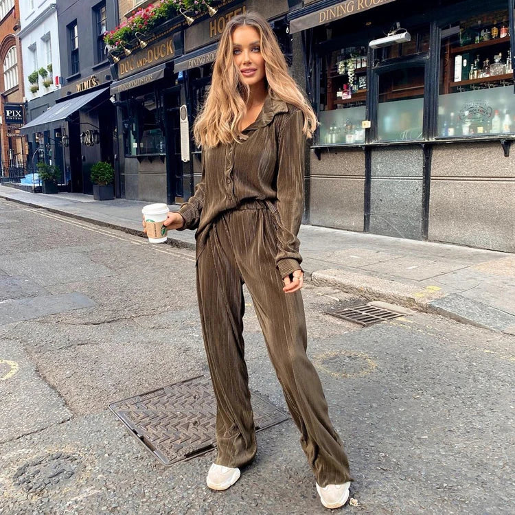 Women's Knitting Blouse And Pants Casual Pleats Set Women Clothing Two Piece Set