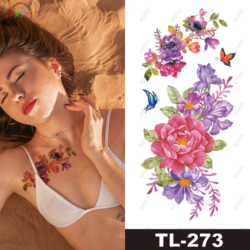 Bxtats Custom & Wholesale Color Ink Printed Temporary Body Art Sticker Waterproof Flower Rose Fake Tattoo