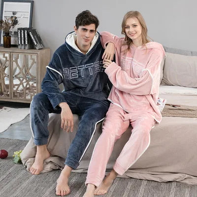 KL1019's Long-sleeved Top and Trousers Two-piece Casual Pajamas Hooded Flannel Men and Women Couple Home Service Suit