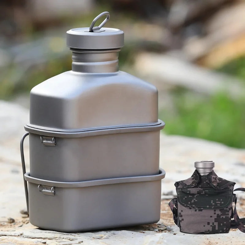 Outdoor Camping Titanium Canteen Cups Set Water Bottle Bowl Kettle Cooking Set Mess Kit 3 Pcs