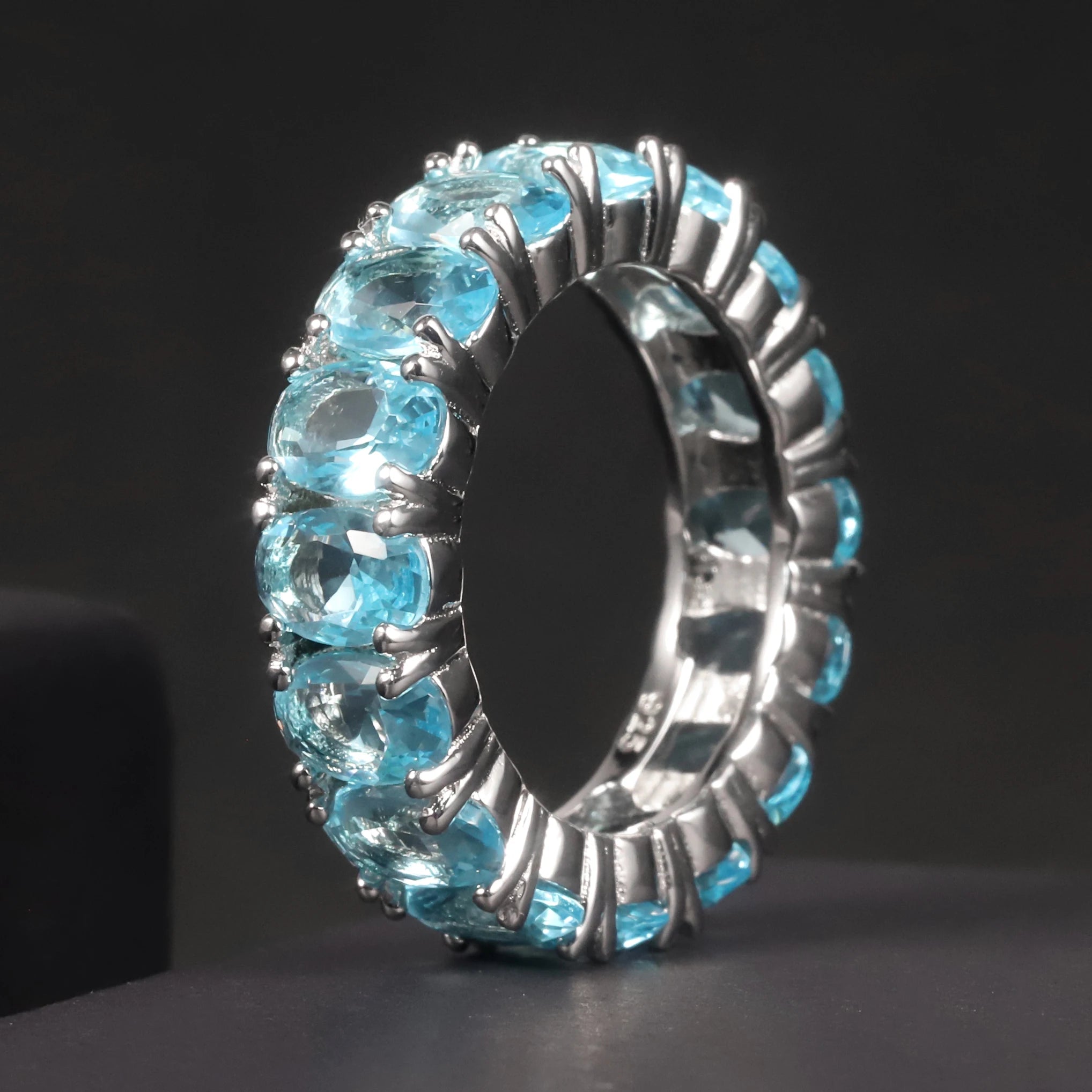 C7530 Abiding Jewelry Exquisite Details 925 Sterling Silver OEM/ODM Oval Cut 4x6mm Blue Topaz Full Eternity Ring