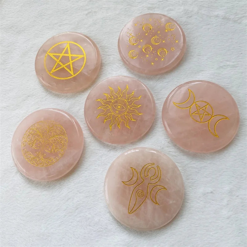 Natural pink gemstones crystal healing stones carvings 55mm rose quartz seven chakras round slice