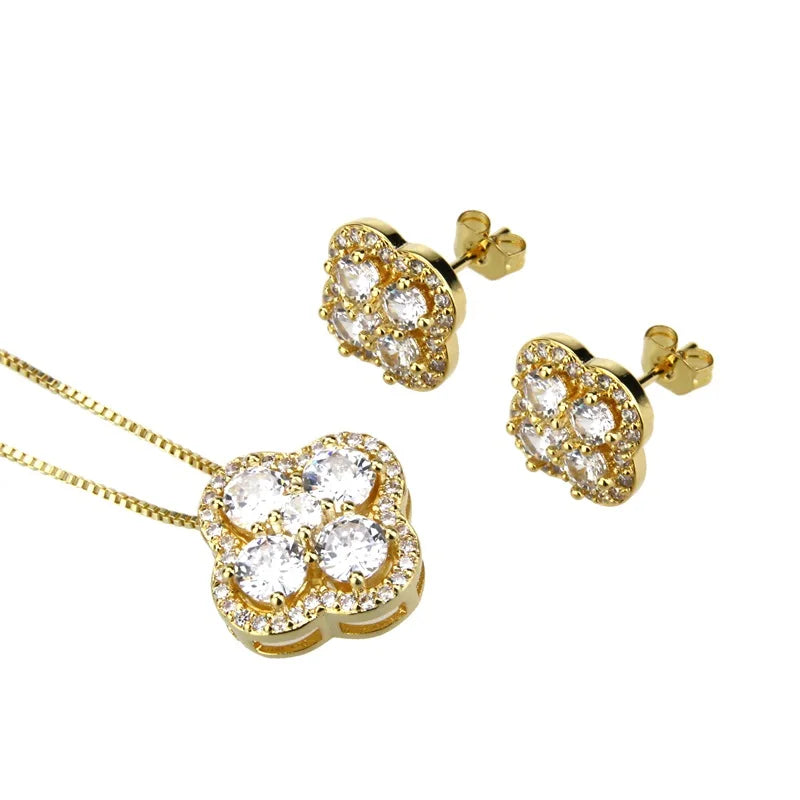 Four-leaf Petal Earrings Necklace Jewelry Set Gold-plated Silver-plated Zircon Pendant Earrings for Girls and Women