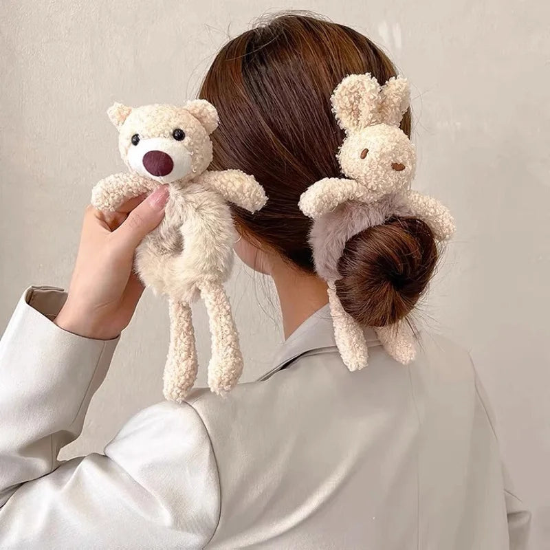 MIO 3D Cartoon Bear and Bunny Hair Scrunchies Soft Plush Hair Accessories for Kids Women Party for Hair Decoration