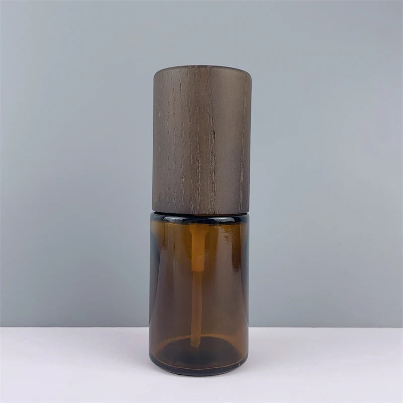 30ml Amber Glass Bottle with Brown Wooden Spray Cap 1oz Serum Flat Shoulder Glass Bottle Pump