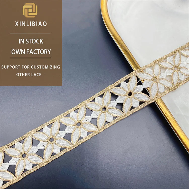 Arrival 100% Polyester French Lace Water Soluble Embroidered White and Gold Lace for Shoes and Bags