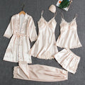 Luxury Sexy Women's 5-Piece Elastic Waist Satin Nightgown Sleepwear Set Full Length Quick Dry & Breathable