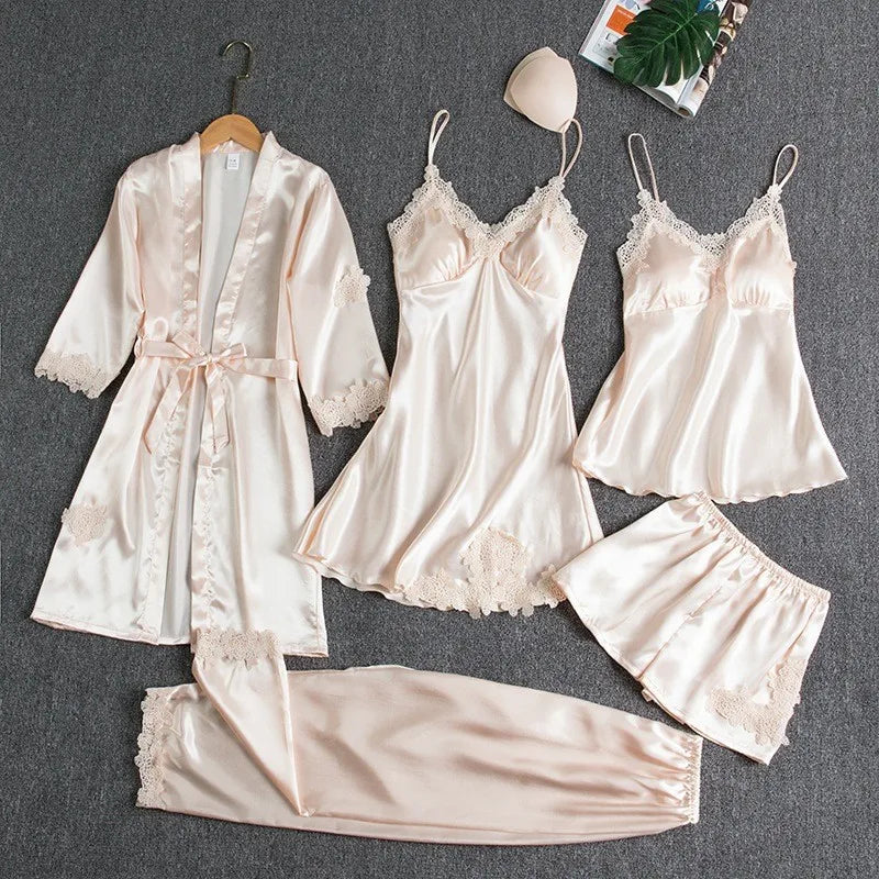 Luxury Sexy Women's 5-Piece Elastic Waist Satin Nightgown Sleepwear Set Full Length Quick Dry & Breathable