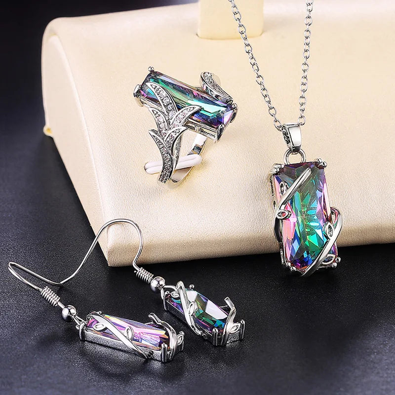 CAOSHI Multicolored Rectangular Stone Ring/Necklace Novel Design Factory Direct Selling Women Wedding  Jewelry Set