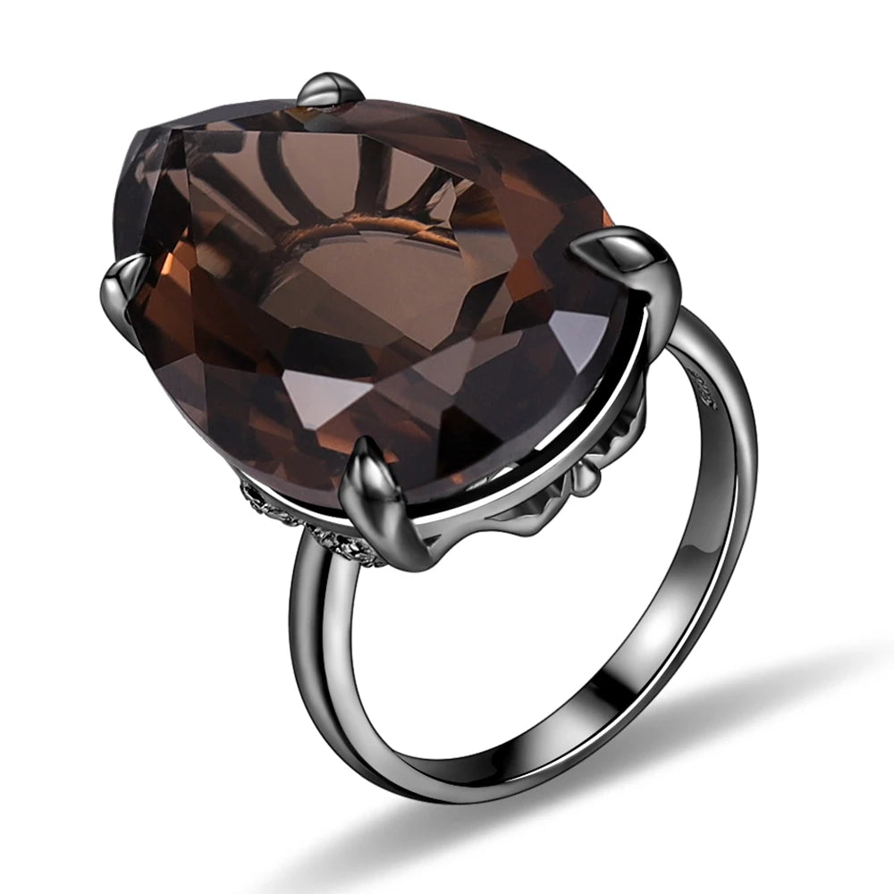 C4275 Competitive Pricing Pear Cut 15.8x23.4mm Large Smoky Quartz Silver Natural Gemstone Lotus Basket Setting Ring