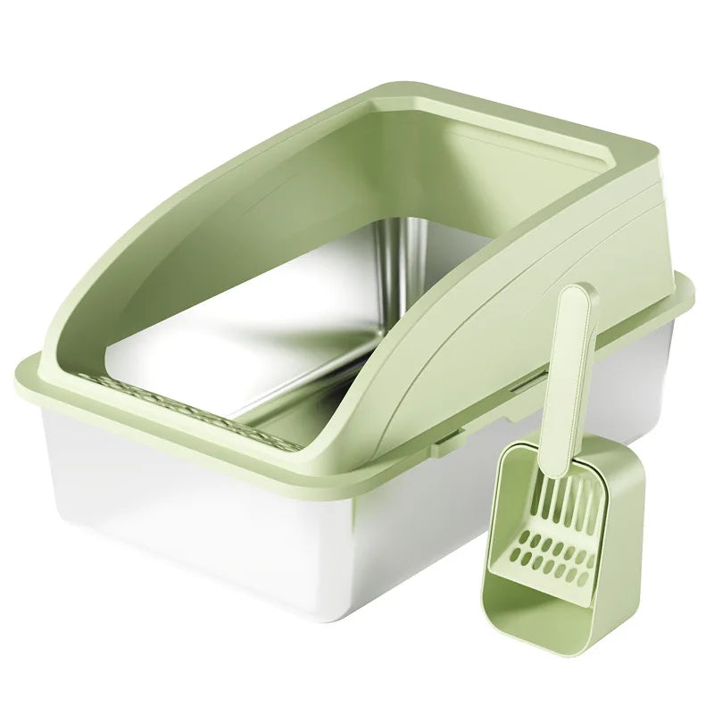 Extra Large Deepened Semi-Enclosed Stainless Steel Cat Litter Box Easy Clean Cat Toilet Accessory
