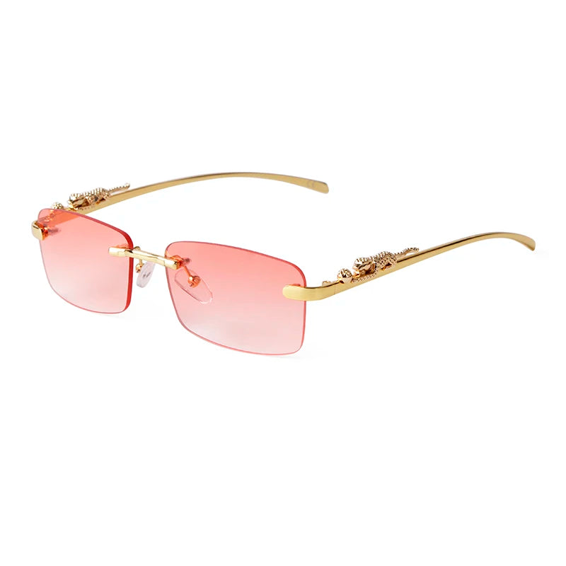 Cheetah Decorated Frameless Rectangular Sun Glasses Retro Metal UV400 Gold Silver Luxury Sunglasses for Men Women