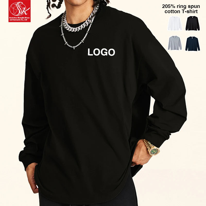 SK Unisex Oversized Fit Long-Sleeved Crew Neck T-Shirt 100% Pure Cotton 205g Short Length Solid Pattern Blank O-Neck Knitted