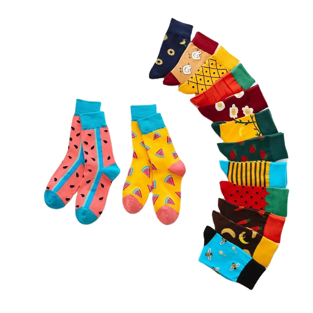 Women's Casual Crew Tube Socks Comfortable Customized Cotton with Fruit-Printed Monkey and Watermelon Cartoons Free Size