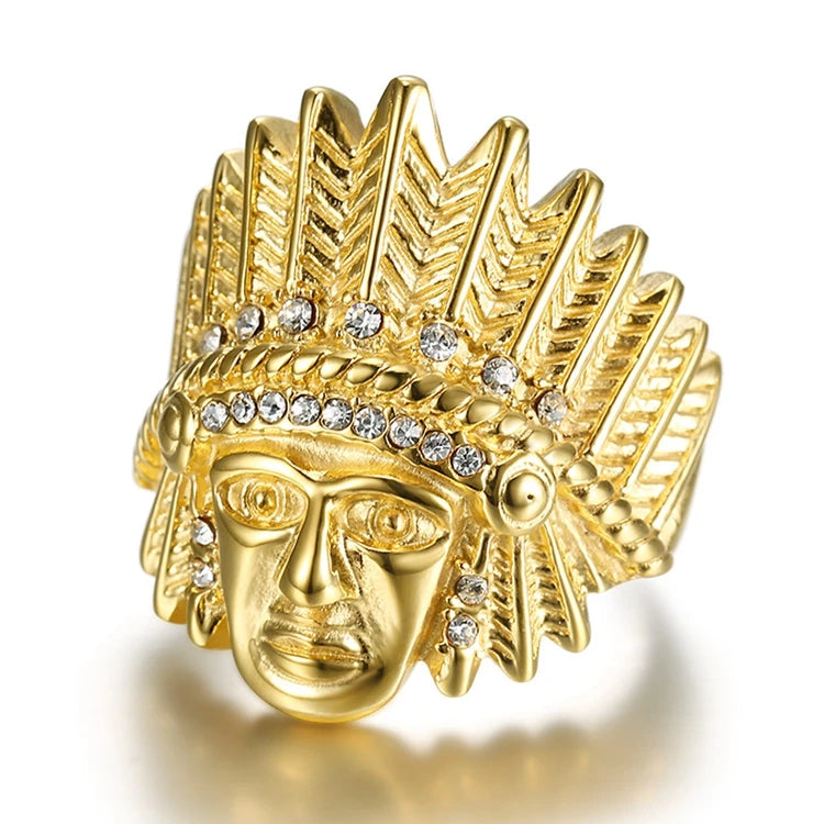 Luxury Fine Zircon Jewelry Stainless Steel Indian Aboriginal Chief Gold Plated Crystal Rhinestone Fashion Punk Rings for Men
