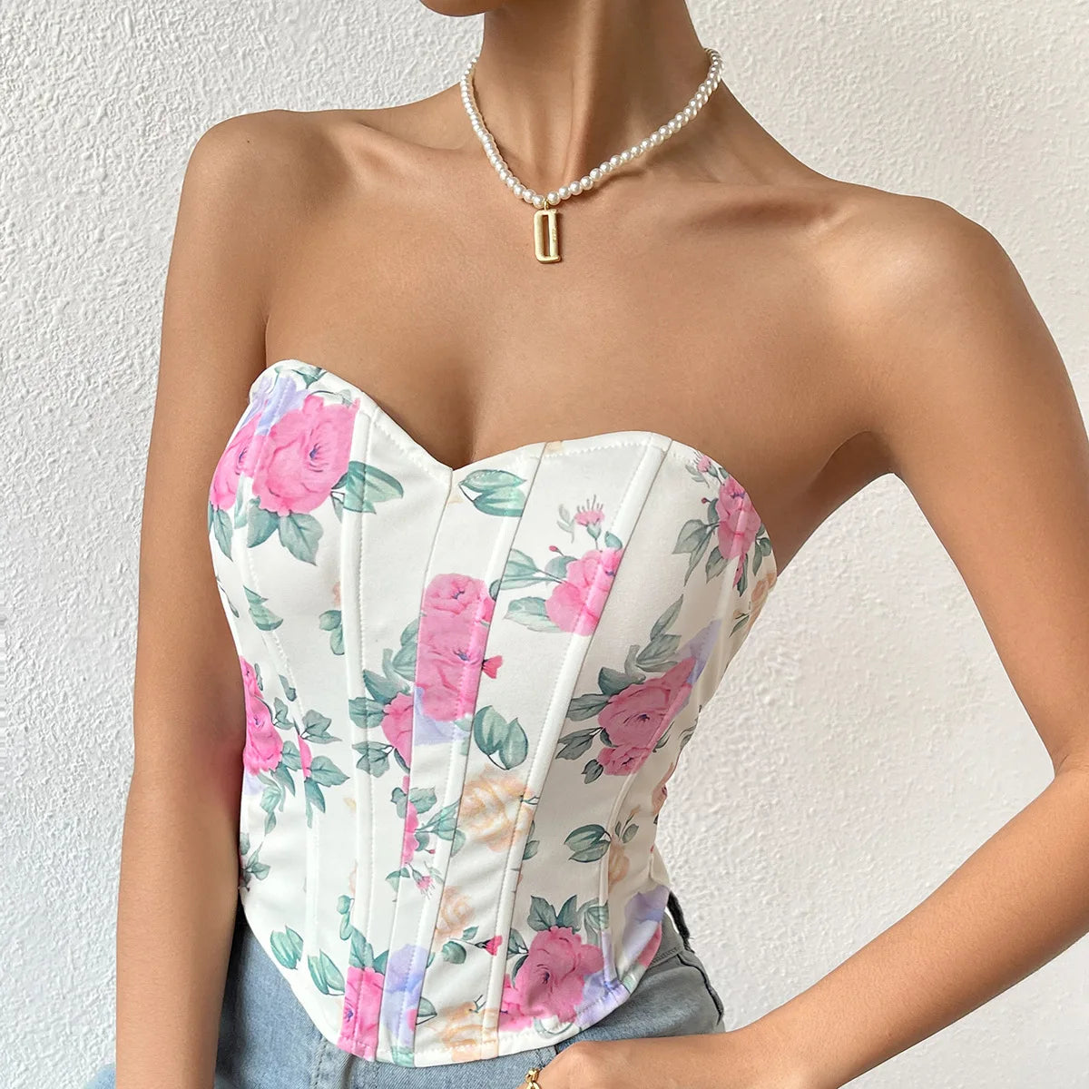 European and American Sexy Spicy Girl Low Cut Open Back Flower Wrapped Chest Diamond Fish Bone Tie Waist Corset Vest
