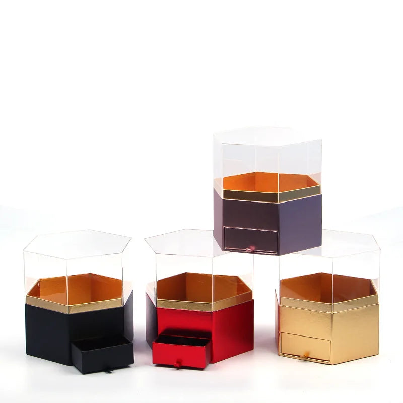High-End Hexagonal Drawer Acrylic Window Flower Box High-end Silk Screen Printed Flower Gift Box