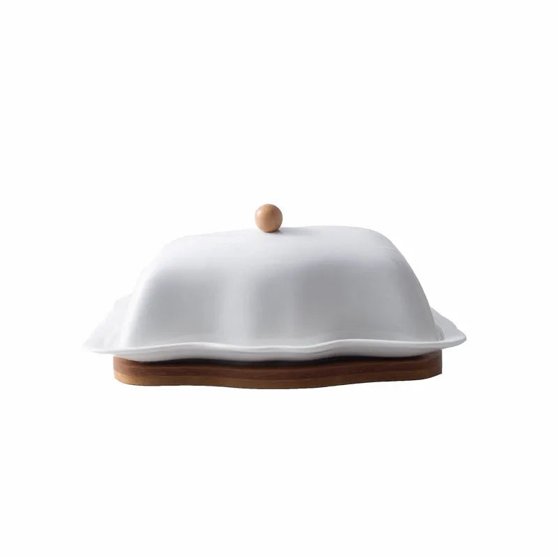 Wholesale Eco-Friendly Ceramic White Porcelain Butter Dish with Bamboo Bottom Lid and Cheese Keeper Plate for Parties