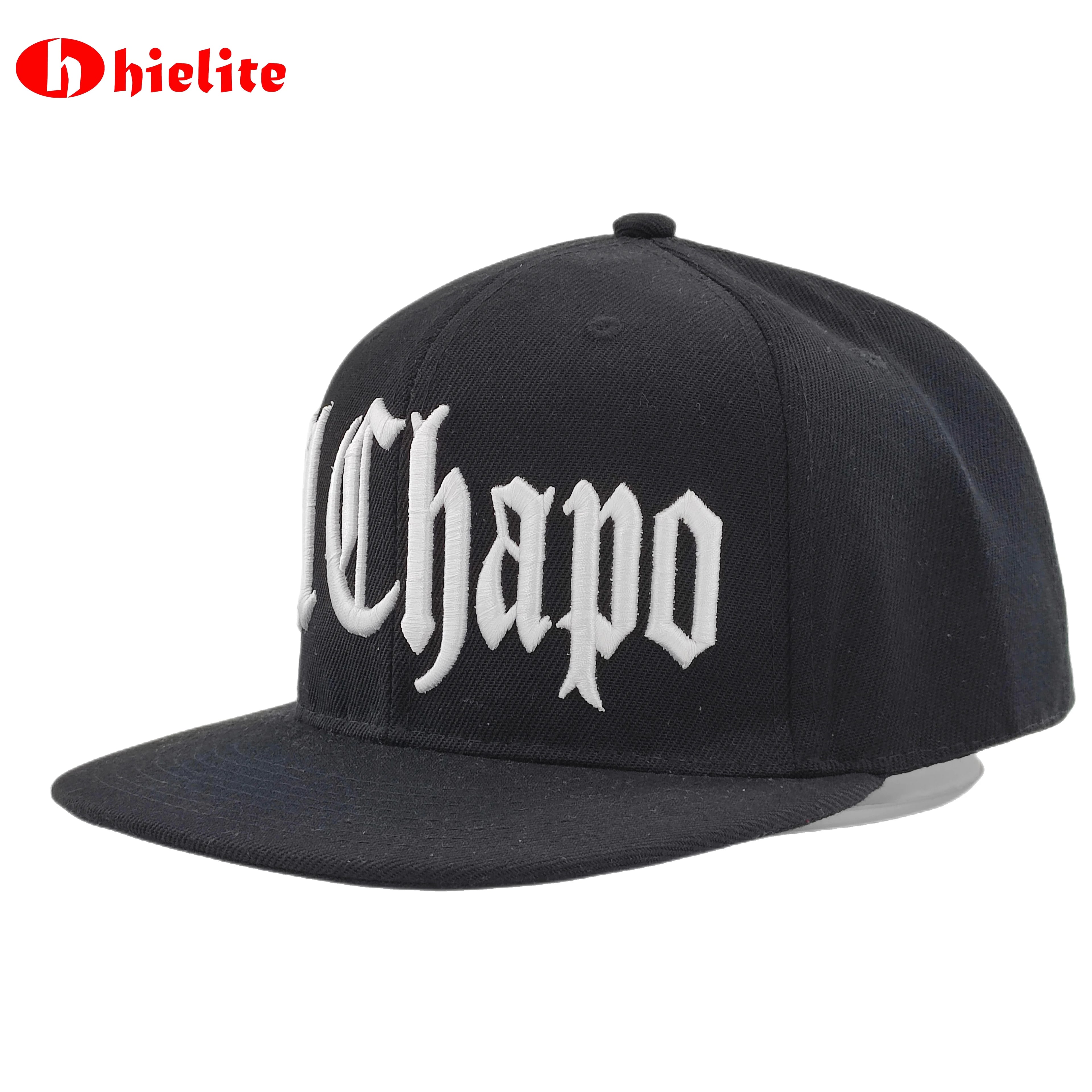 Customized Embroidery Trendy 6 Panel Black Hat with White Lettering Character Design Outdoor Party Snapback High Quality
