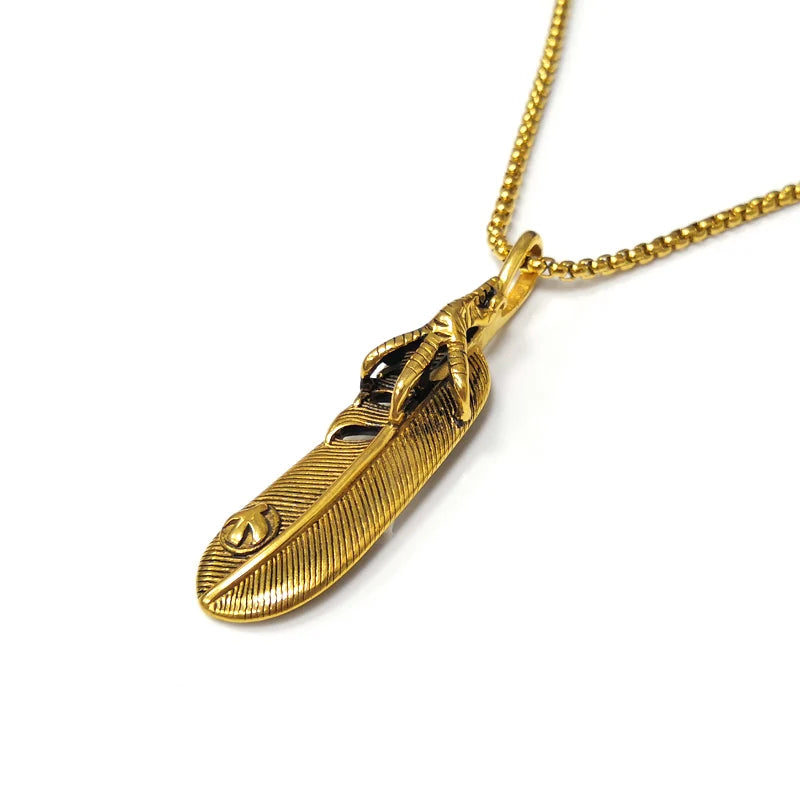 Vintage Dragon Claw Pendant Necklace with Feather 18k Gold Plated for Women Men Box Chain for Party Gift Stainless Steel Jewelry