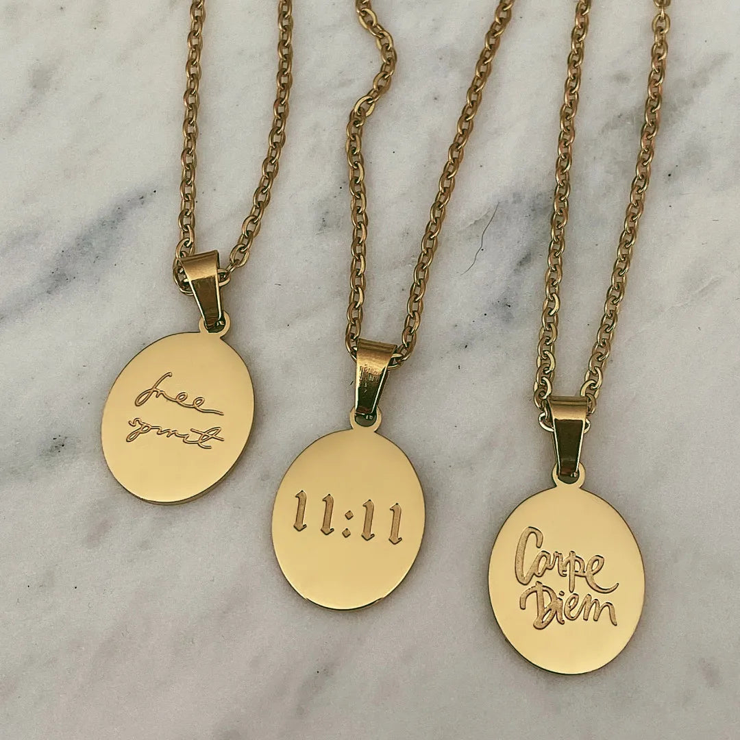 Personalized Jewelry  Custom Number English Pendant Necklaces 18k Gold Plated Women Men Stainless Steel Oval Engraved Necklace