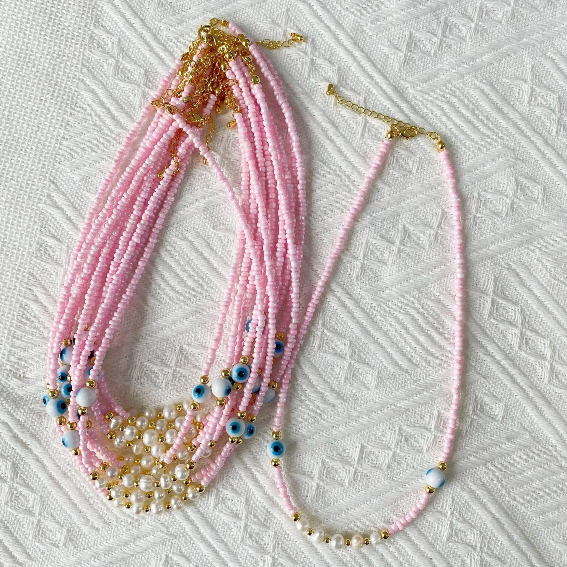 Maiou Vintage Designer Handmade Freshwater Pearl Seed Beaded Colorful Eye Necklace Jewelry for Women