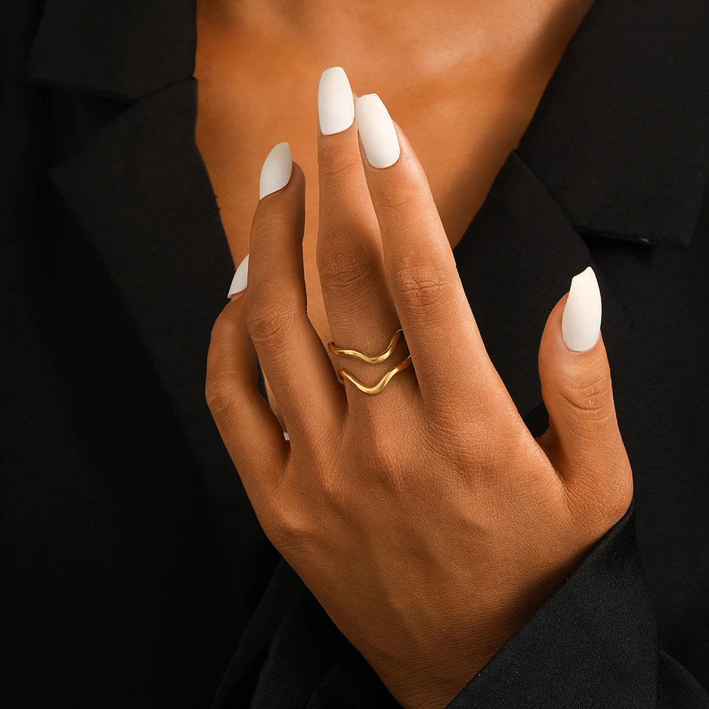 New Double Layer Geometric Wave Shape Rings Stainless Steel Gold Plated Open Women Ring Jewelry