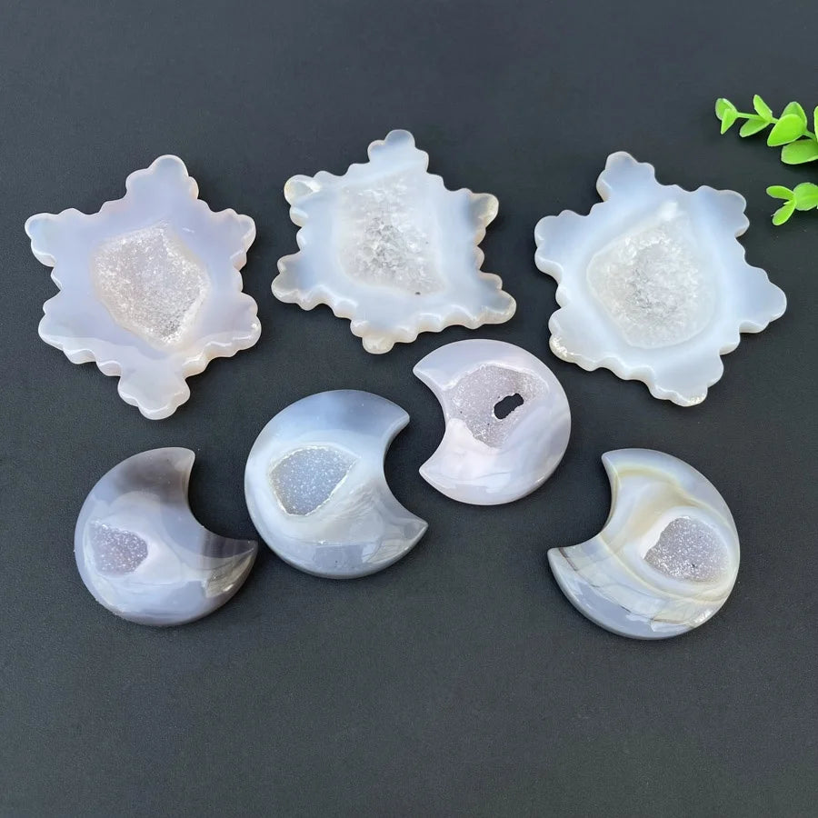 Natural Agate Geode Snowflake Hand Carved Druzy Agate Snowflake Carving for Christmas Decoration