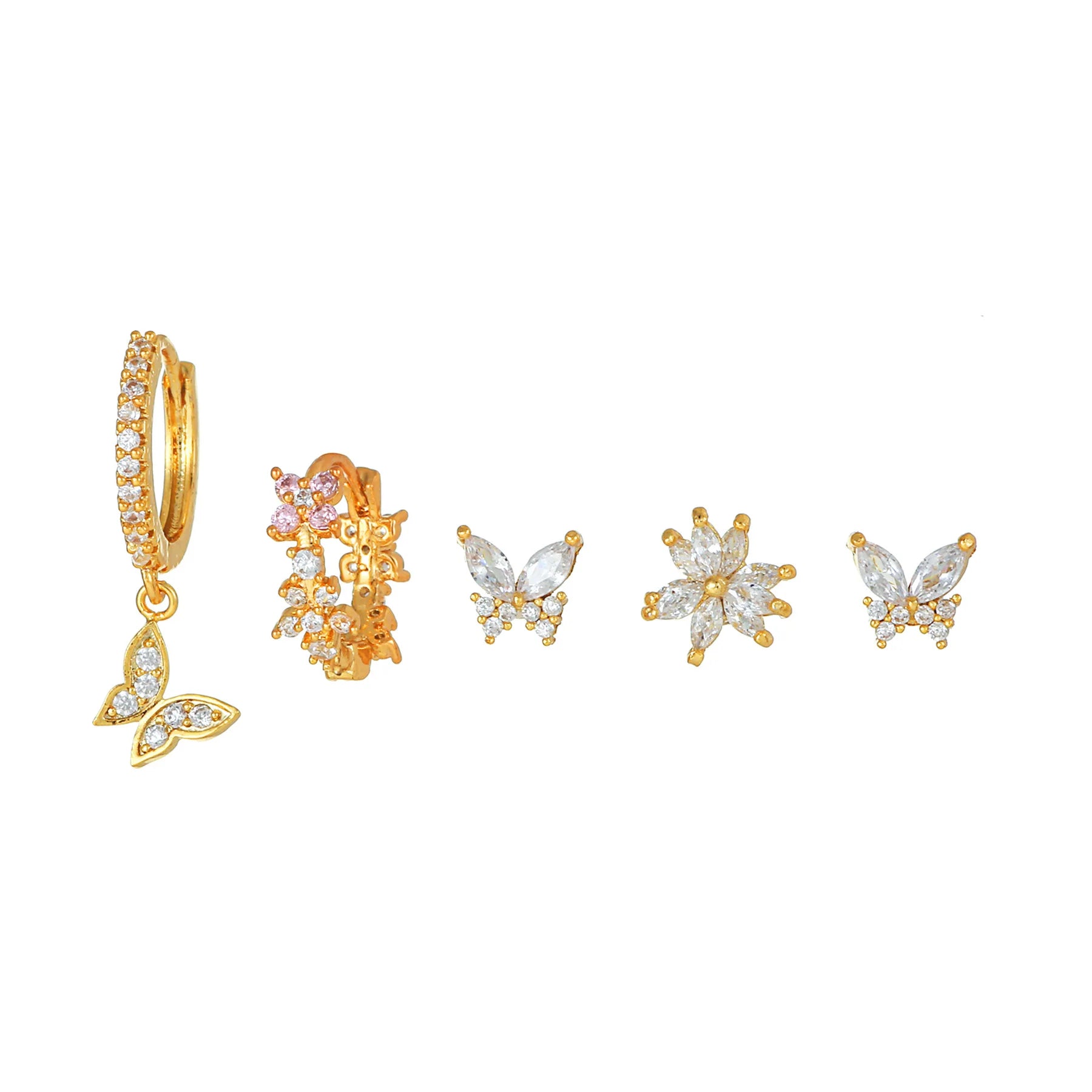 5pcs S925 Silver Needle Butterfly Set Earrings Super Flash Micro Inset 18K Gold Zircon Small Animal Studs Design Sense Studs