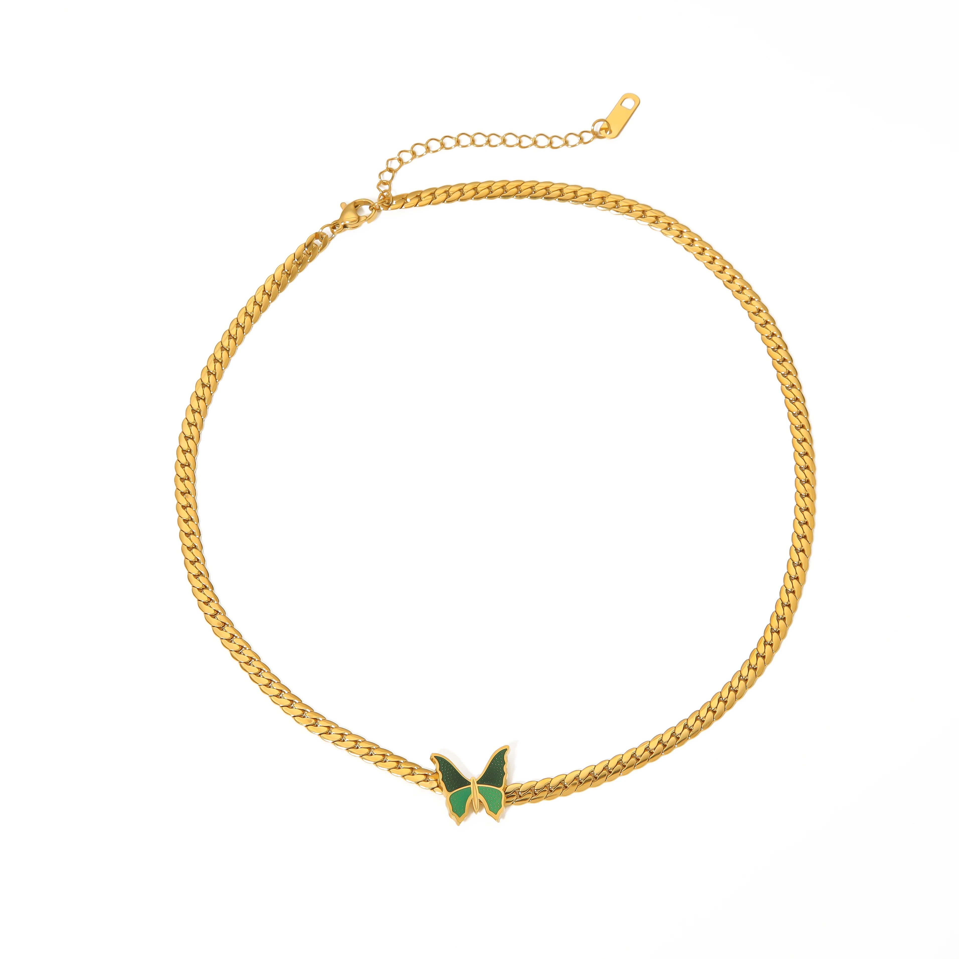 Vintage Exquisite Green Butterfly Charm Pendant Necklace Stainless Steel Cuban Flat Snake Chain 18k Gold Plated Jewelry