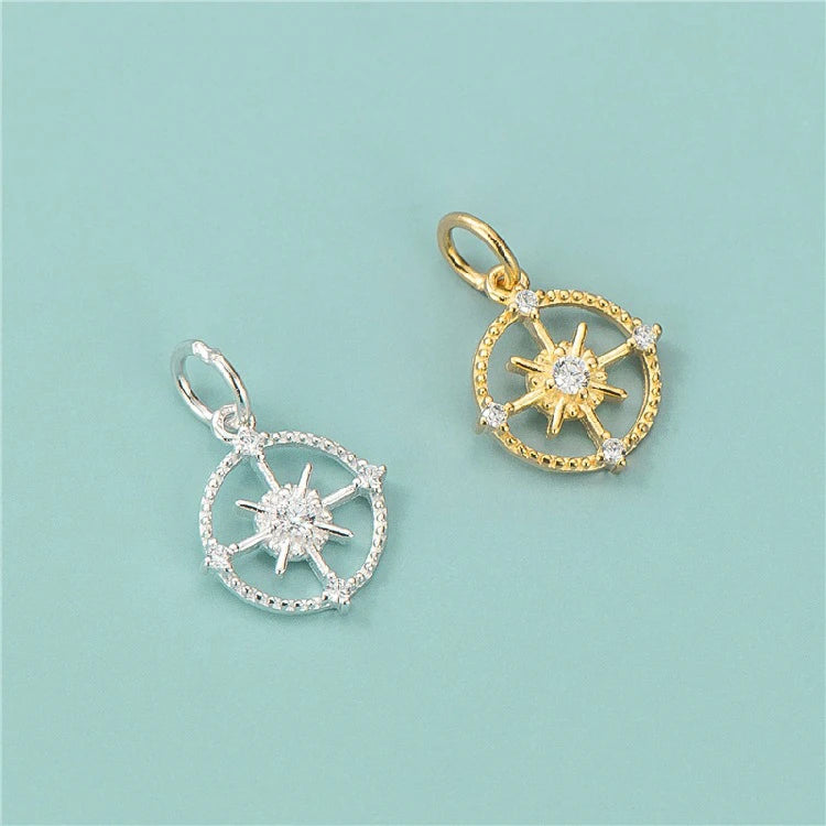 925 Sterling Silver Vintage Gold Plated Micro Zircon 11mm Hollow Compass Pendant Charms Fit for Diy Jewelry Making