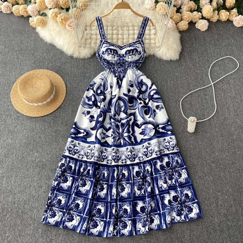 Sleeveless Print A-line Dress Summer Simple High Waist Maxi Dress Ladies Elegant Dresses Clothes Women Wholesale