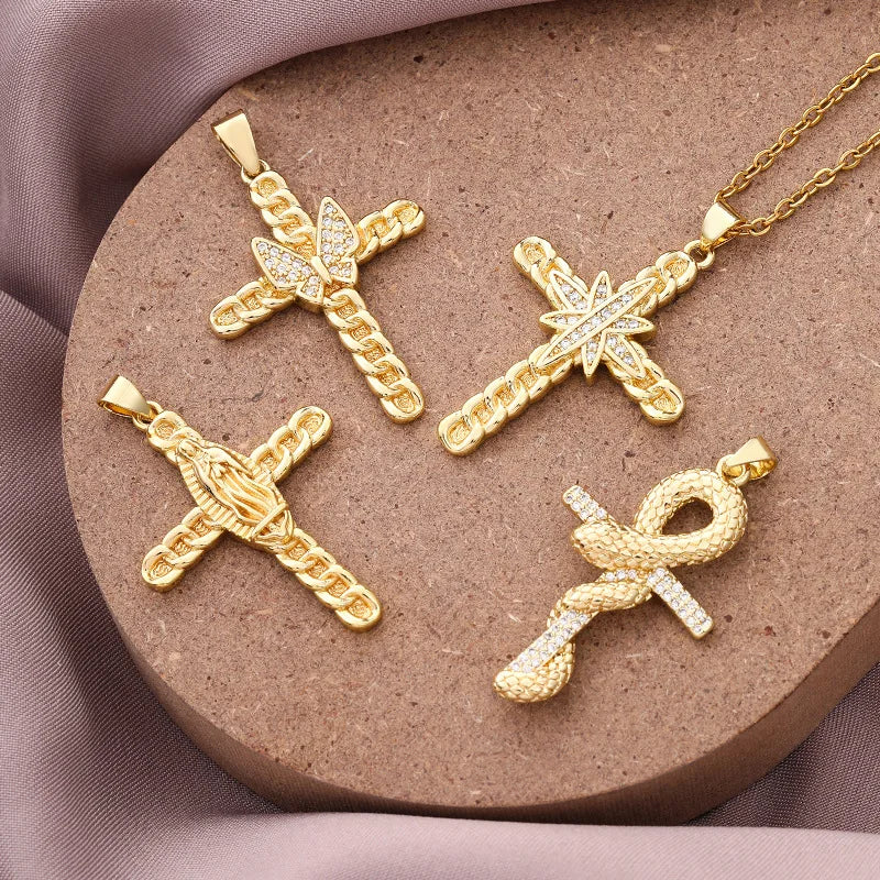New Christian Catholic Religious Gold Plated Micro Pave Cubic Zircon Stainless Steel Link Chain Jesus Cross Pendant Necklace