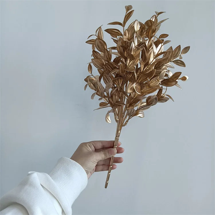 Q-5578 Artificial Eucalyptus Golden Leaves Bundle for Wedding Home Decoration
