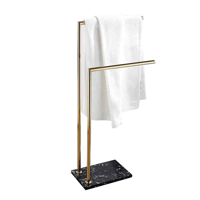 Modern Stainless Steel Double Towel Rack Marble Base Freestanding Brushed Gold Bath Towel Bar Holder Corner Bathroom Rack