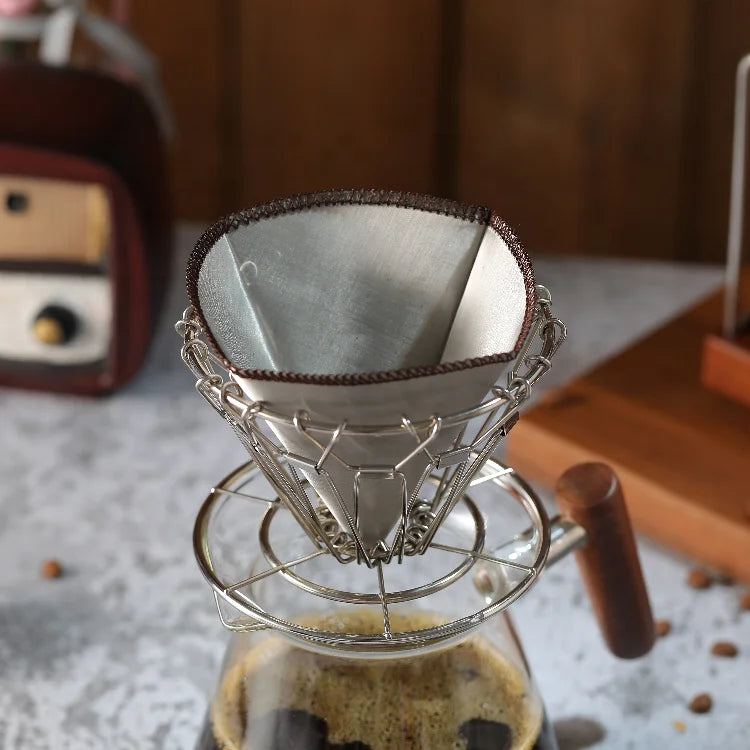Portable Foldable 2-4 Cup Stainless Steel 304 Funnel Reusable Travelling Pour Cone Coffee Filter Basket for Home or Office Use