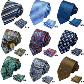 Men's Polyester Tie Set with Plaid Checkered Necktie Handkerchief Cufflinks