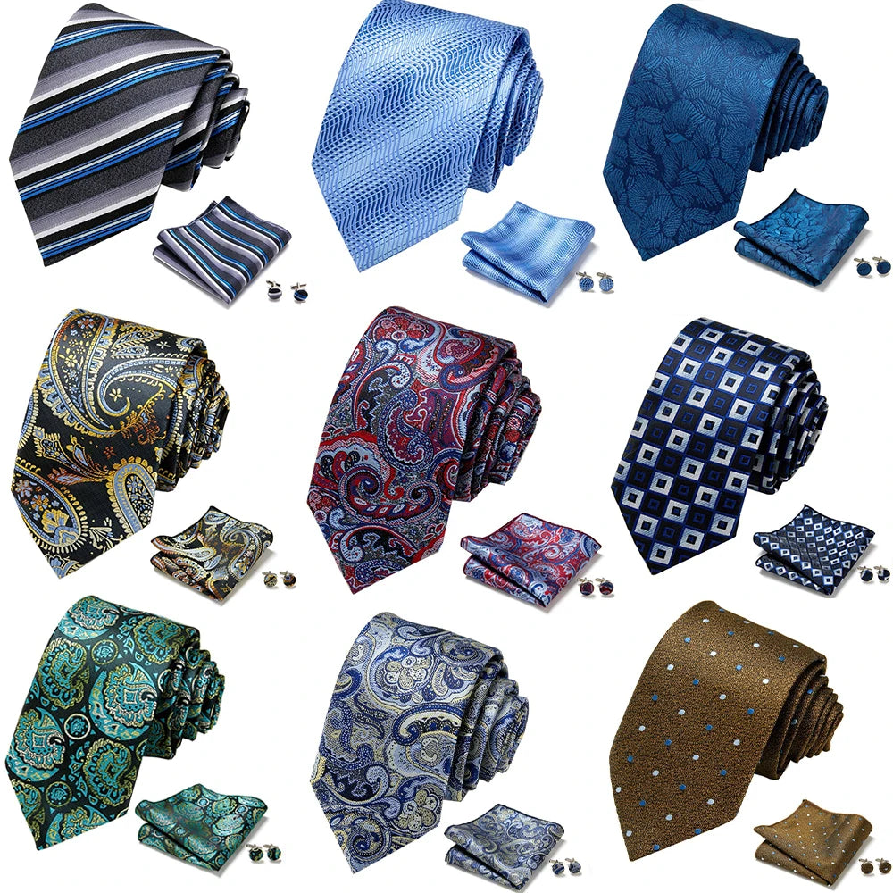Men's Polyester Tie Set with Plaid Checkered Necktie Handkerchief Cufflinks