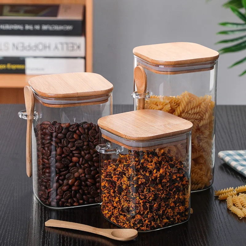 Kitchen Glass Jar Glass Spice Jar Bamboo Wooden Lid Food Storage Container With Spoon