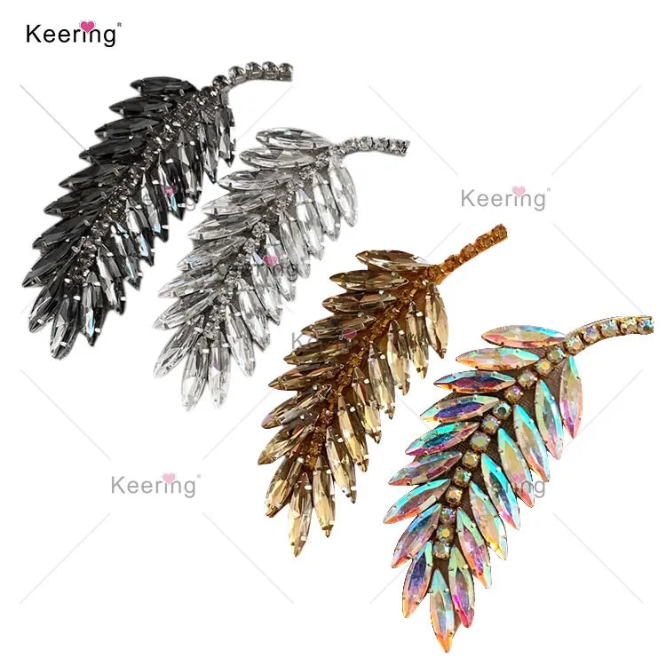Keering WRA-1780 New Luxury Silver Black Iron on Patches Gold AB Color Crystal Leaves Rhinestone Leaf Appliques