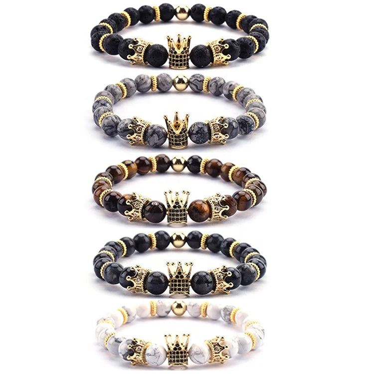 2022 Jewelry Gold White Stone Crown Bracelet Volcanic Stone Bracelet Men Natural Stone Bead Bracelet MegaBDM