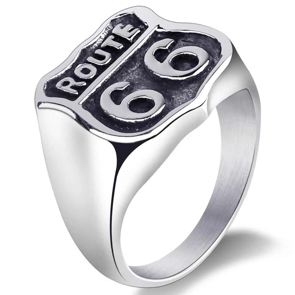 Erkek Yuzuk Route 66 Chunky Stainless Steel Ring Rengas Steel Color Retro Hip Hop Unique Personality Route 66 Ring Men