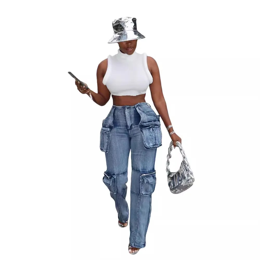 Cargo Jeans Women Big Pocket Loose Female Denim Pants 2024 Spring Winter Casual Straight Trousers with Multi Pockets